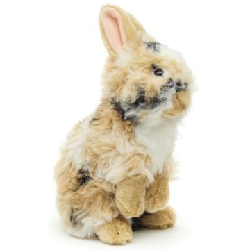 Löwenkopf-Kaninchen, stehend (schwarz-braun-weiß gescheckt) - Mit aufgestellten Ohren  - 23 cm (Höhe) -- Plüsch-Hase